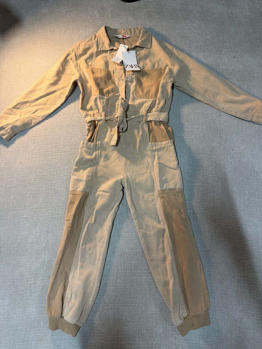 Zara Girls Two-Tone Tan Cargo Jumpsuit With Belt Size 134 (9)